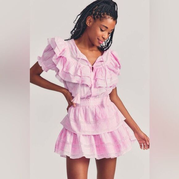 LoveShackFancy Liv Tie Dye Pink Lace Ruffle Mini Dress, Size Large - Picture 1 of 12